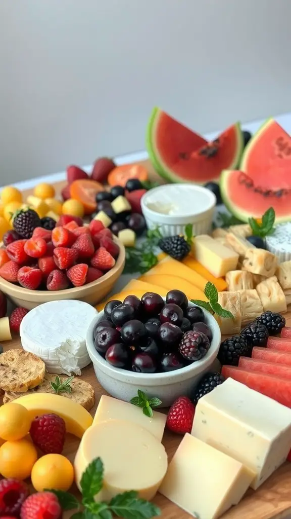 21 Stunning Grazing Table Ideas for Your Next Celebration 8 A colorful display of seasonal fruits and cheeses on a grazing table, featuring watermelon, berries, and various cheeses.