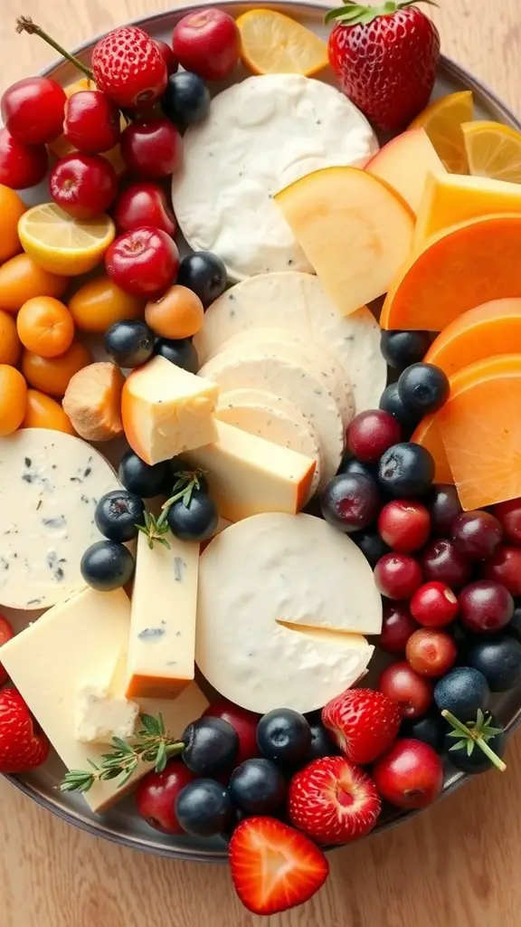 23 Creative Baby Shower Ideas for December Celebrations 16 A colorful seasonal fruit and cheese platter featuring strawberries, cherries, blueberries, orange slices, and various cheeses.