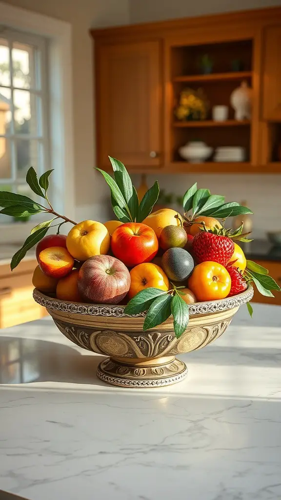 A decorative bowl filled with colorful seasonal fruits on a kitchen island