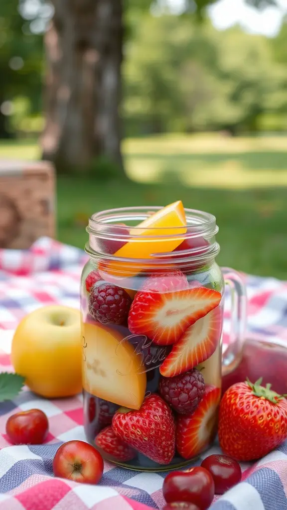 A mason jar filled with various seasonal fruits like strawberries, raspberries, and yellow fruit, set on a checkered tablecloth outdoors.