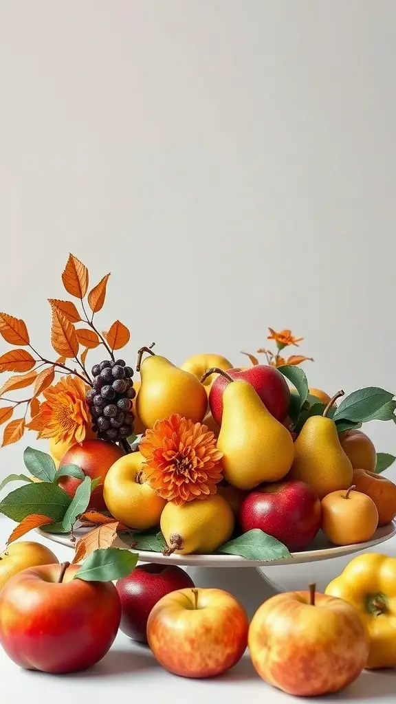 A vibrant display of seasonal fruits including apples, pears, and grapes, decorated with autumn leaves and flowers.