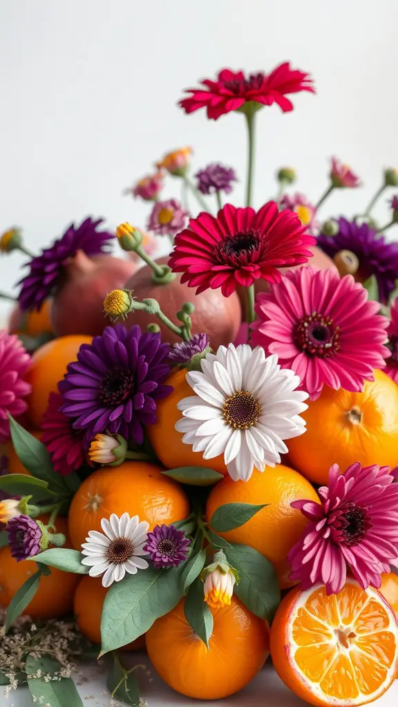 27 Stunning Wedding Round Table Centerpieces You Need to See 5 A vibrant centerpiece featuring oranges and colorful flowers.