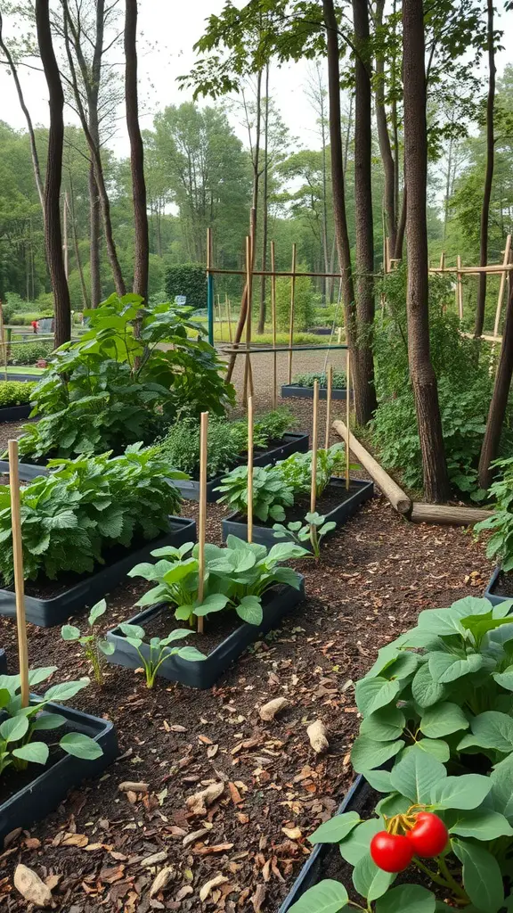 15 Inspiring Forest Garden Ideas for Your Outdoor Space 12 A forest garden with raised beds containing various plants including leafy greens and tomatoes, surrounded by trees.