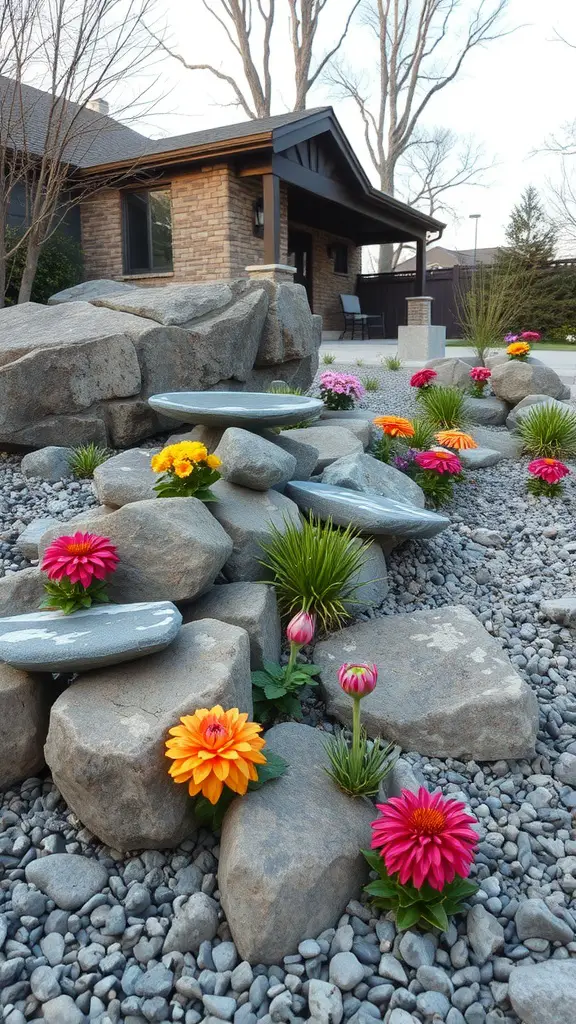 19 Inspiring Rock Garden Ideas for Your Outdoor Space 13 A rock garden featuring colorful flowers among large stones, set against a modern home.