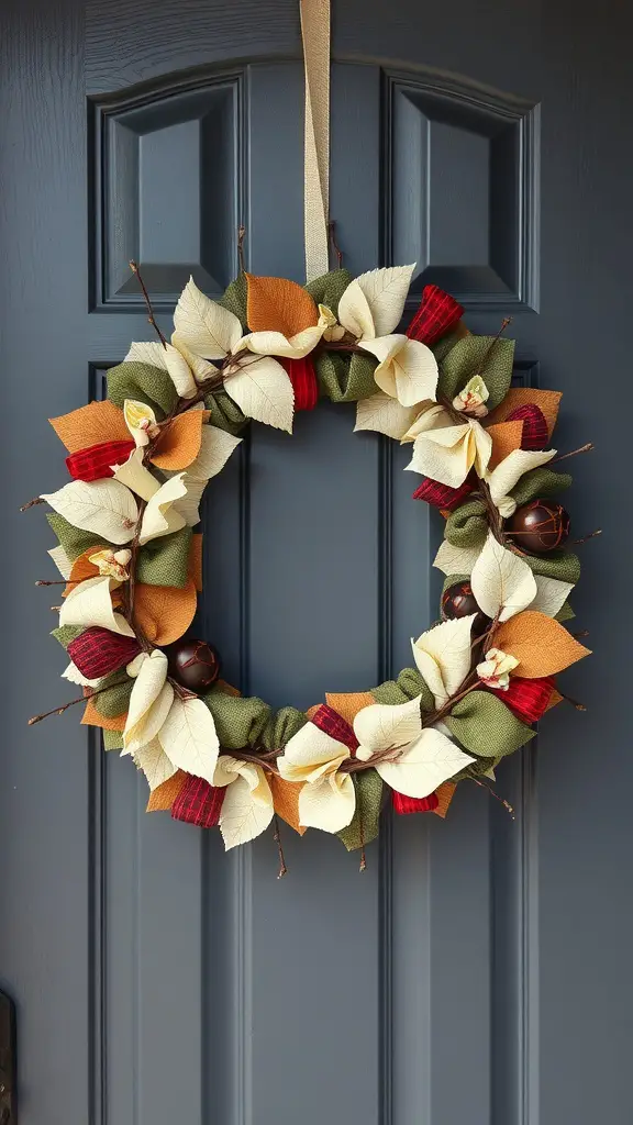 13 Stunning DIY Wreaths to Welcome You Home 11 A seasonal mixed media wreath featuring colorful fabric leaves and decorative items, hanging on a dark blue door.