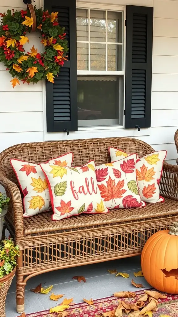 A cozy porch with a wicker sofa adorned with seasonal pillows featuring leaf patterns, a pumpkin, and a wreath.