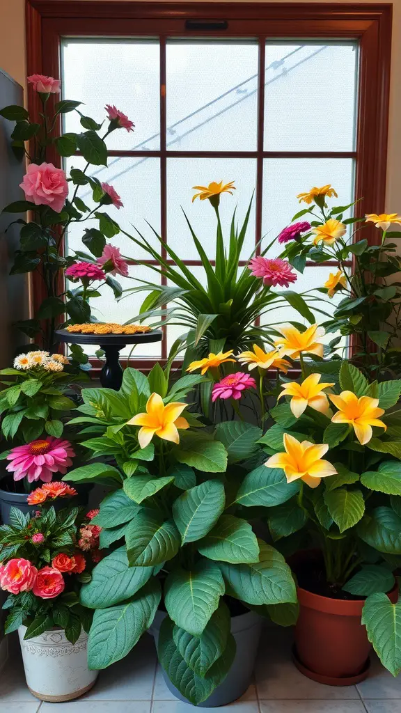 25 Stunning Floral Indoor Plant Wall Ideas for Your Home 17 A vibrant display of floral indoor plants near a window, showcasing pink roses, yellow flowers, and green leaves.