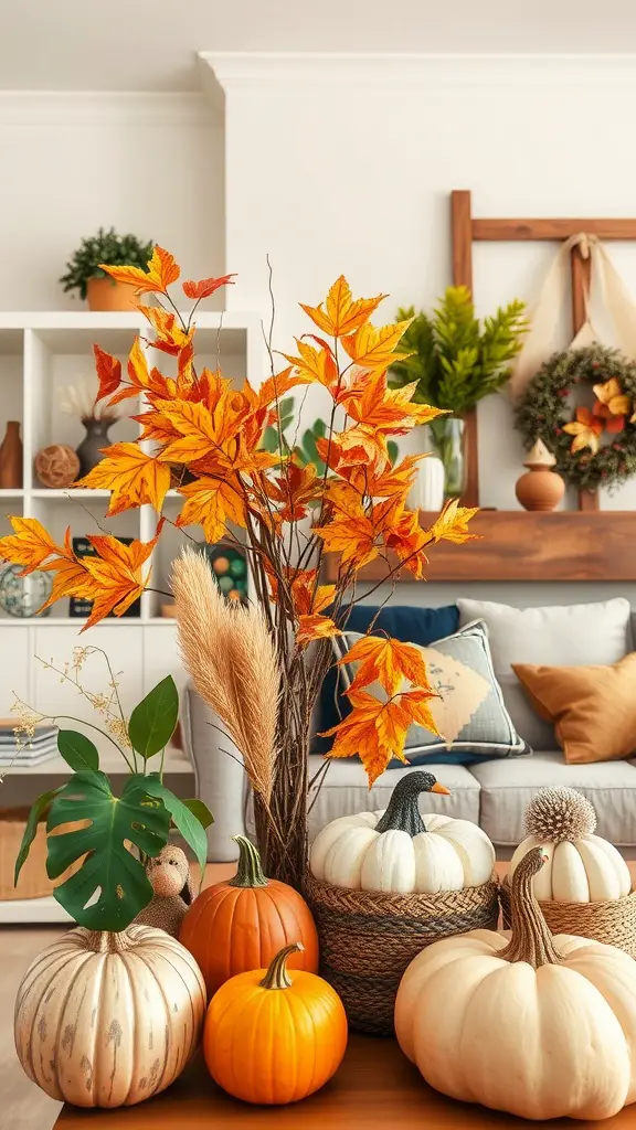 23 Creative Ways to Decorate with Plants in Your Home 13 A cozy fall decor setup featuring colorful pumpkins and autumn leaves.