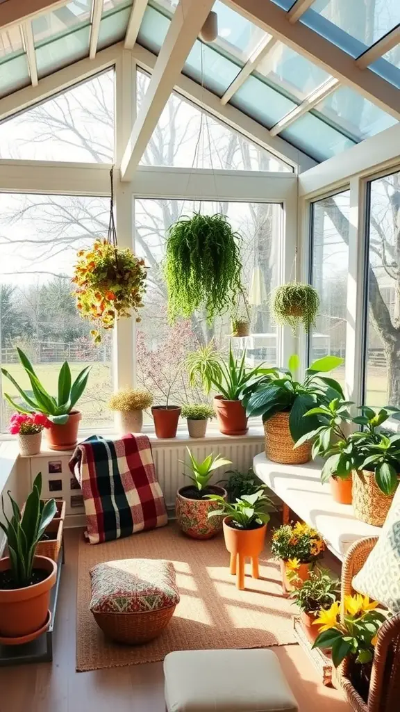A cozy sunroom filled with a variety of hanging and potted plants, showcasing seasonal plant rotation ideas.