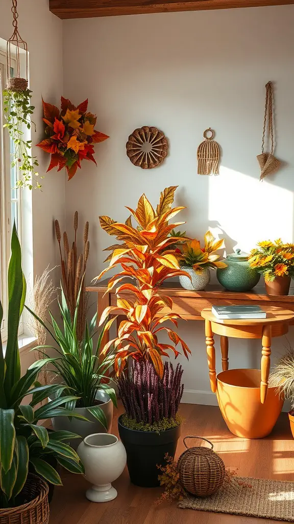 19 Indoor Plant Styling Ideas to Elevate Your Space 11 Indoor plants styled for autumn with vibrant colors and decorative elements.