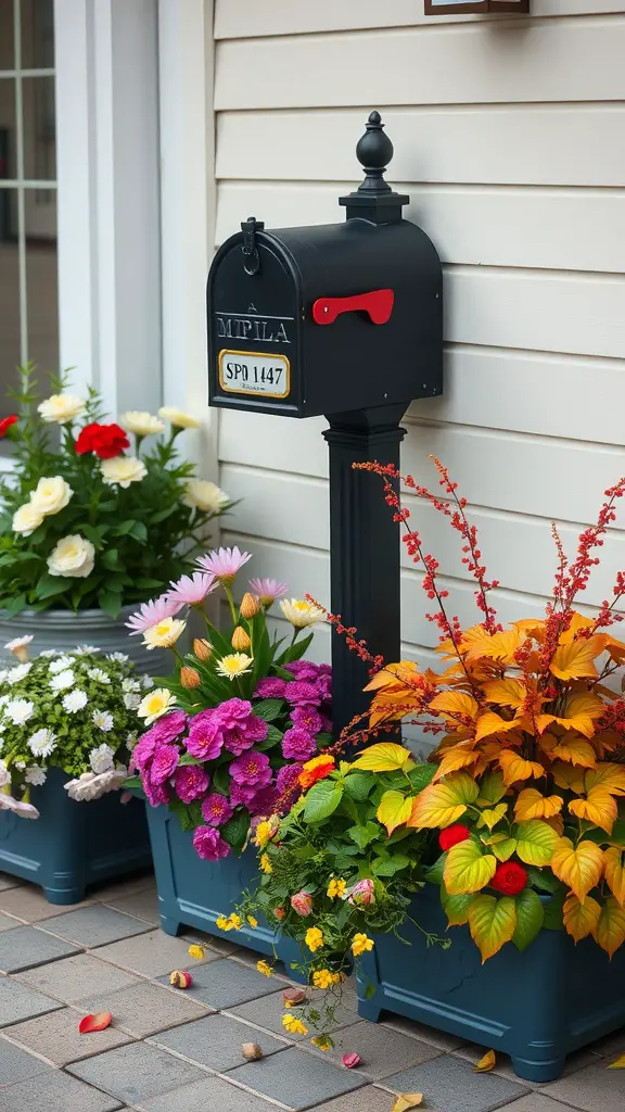 17 Creative Mailbox Landscaping Ideas You’ll Love 8 A black mailbox surrounded by colorful seasonal planters filled with flowers and vibrant foliage.