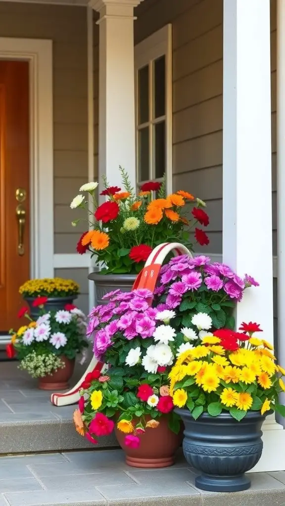 Colorful flower planters on a porch showcasing seasonal blooms.