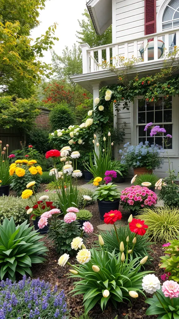 19 Stunning Landscaping Ideas for Your Home's Exterior 14 Colorful front garden with various flowers, including yellow, red, pink, and blue blooms, alongside lush green foliage.