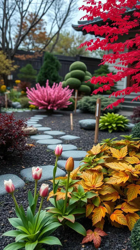 A vibrant zen garden with colorful plants, stones, and trees in different seasonal hues.