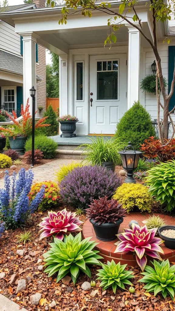 17 Stunning Modern Front Yard Landscape Designs You Need to See 14 A colorful front yard with seasonal plants, including blue flowers, pink blooms, and lush green foliage around a porch.