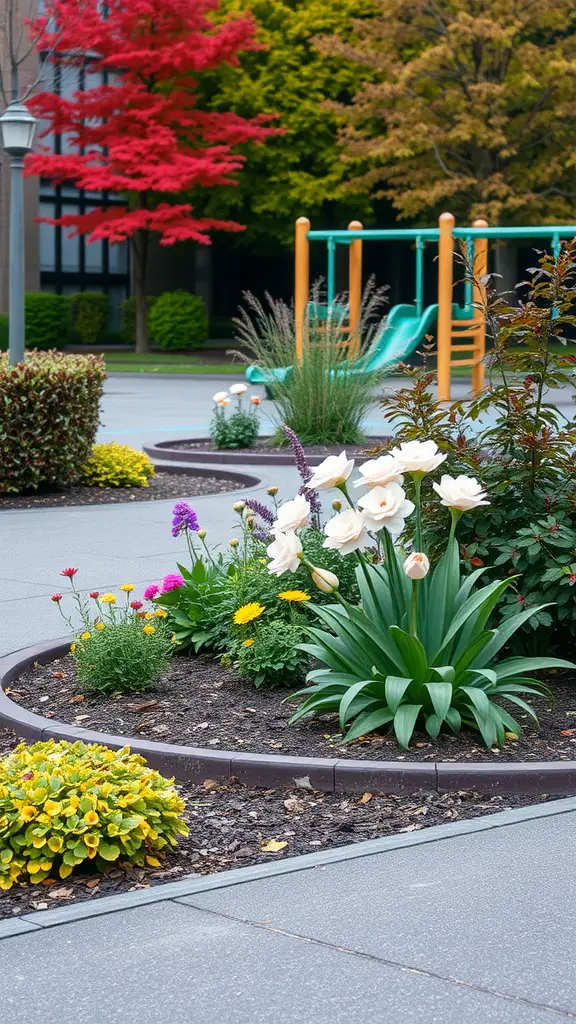 23 Creative Playground Landscaping Ideas for Endless Fun 13 Colorful playground landscaping with seasonal flowers and trees.