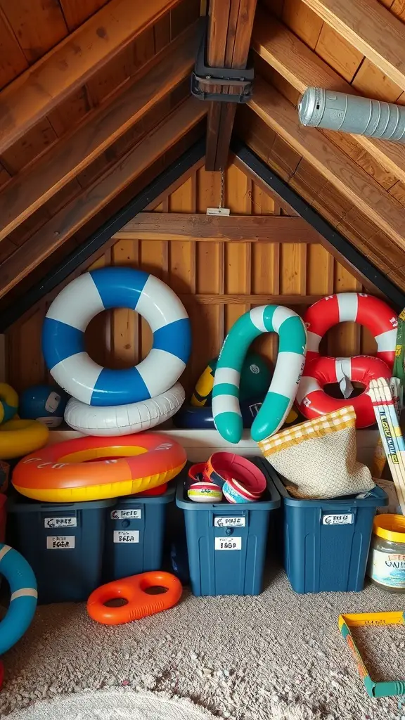 19 Creative Pool Float Storage Ideas You'll Love 16 An attic with colorful pool floats and labeled storage bins