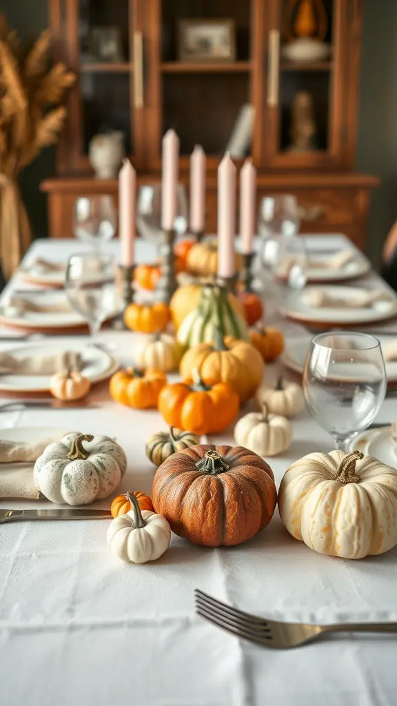 29 Stunning Dining Table Centerpieces for Every Occasion 9 A dining table decorated with various pumpkins and pink candles