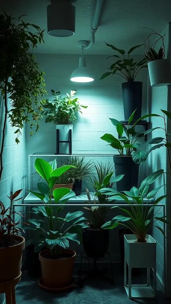 Indoor plant room with various plants arranged on shelves under soft lighting.