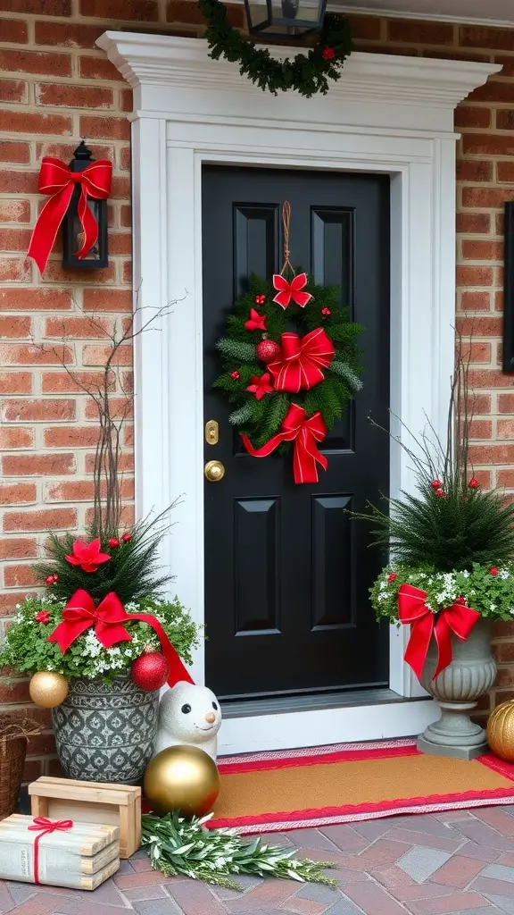 19 Stunning Front Door Planter Ideas to Elevate Your Entryway 12 Festively decorated front door with planters, wreath, and holiday decorations.