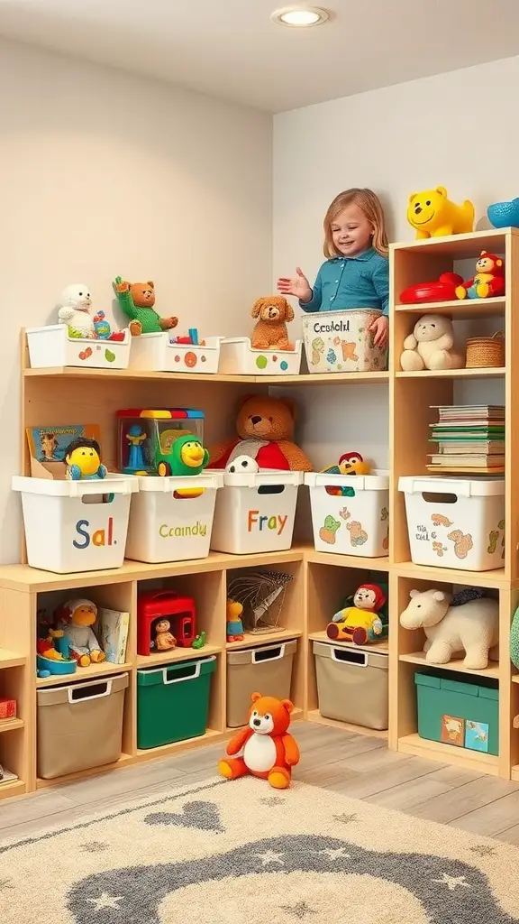 A child playing in a tidy playroom filled with organized toys and storage bins.