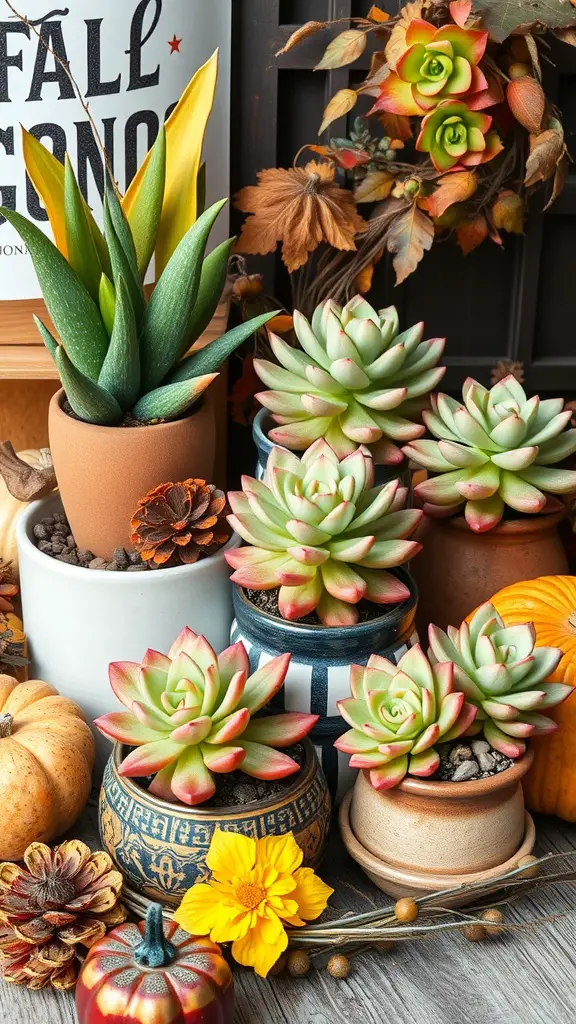 23 Stunning Fall Flower Garden Ideas to Transform Your Outdoor Space 16 A collection of succulents in various pots, decorated with fall items like pumpkins and pinecones.