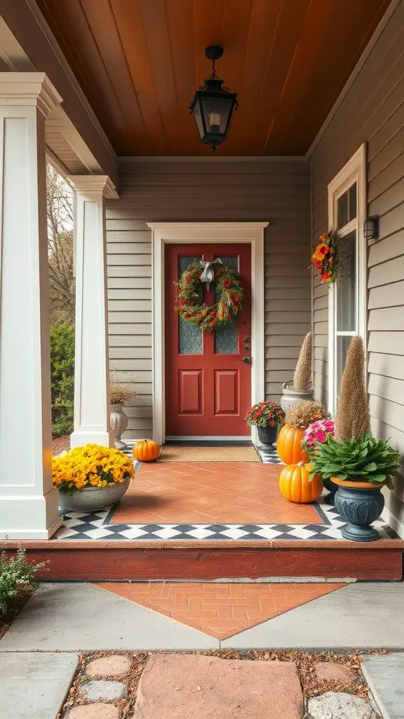 A beautifully decorated porch for autumn with pumpkins, flowers, and a seasonal wreath.