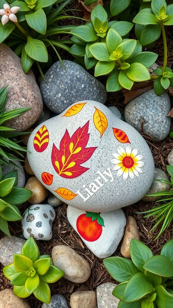 23 Creative Garden Rock Art Ideas to Brighten Your Outdoor Space 17 Painted garden stones showcasing seasonal themes with autumn leaves, a daisy, and a tomato among green plants.