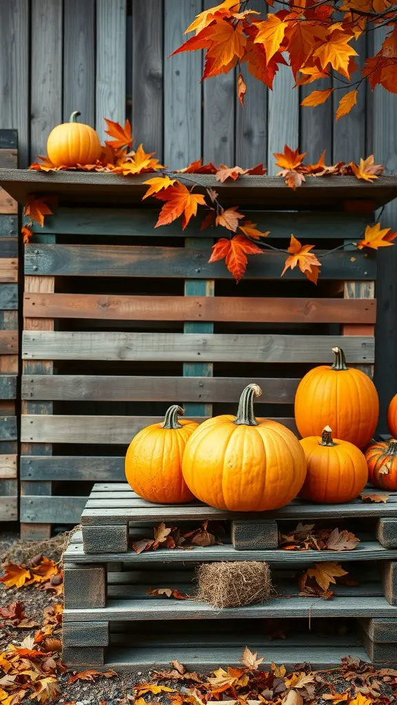 Pallet backdrop decorated with pumpkins and autumn leaves