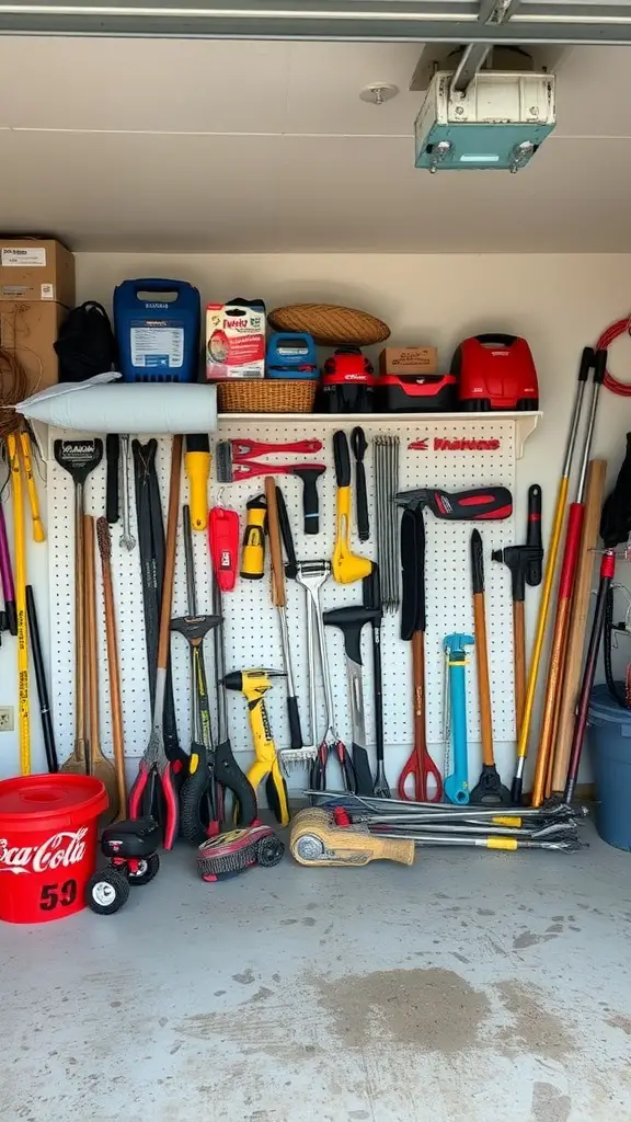 19 Essential Items for Perfect Garage Tool Organization 16 A well-organized garage wall with various tools displayed on a pegboard.