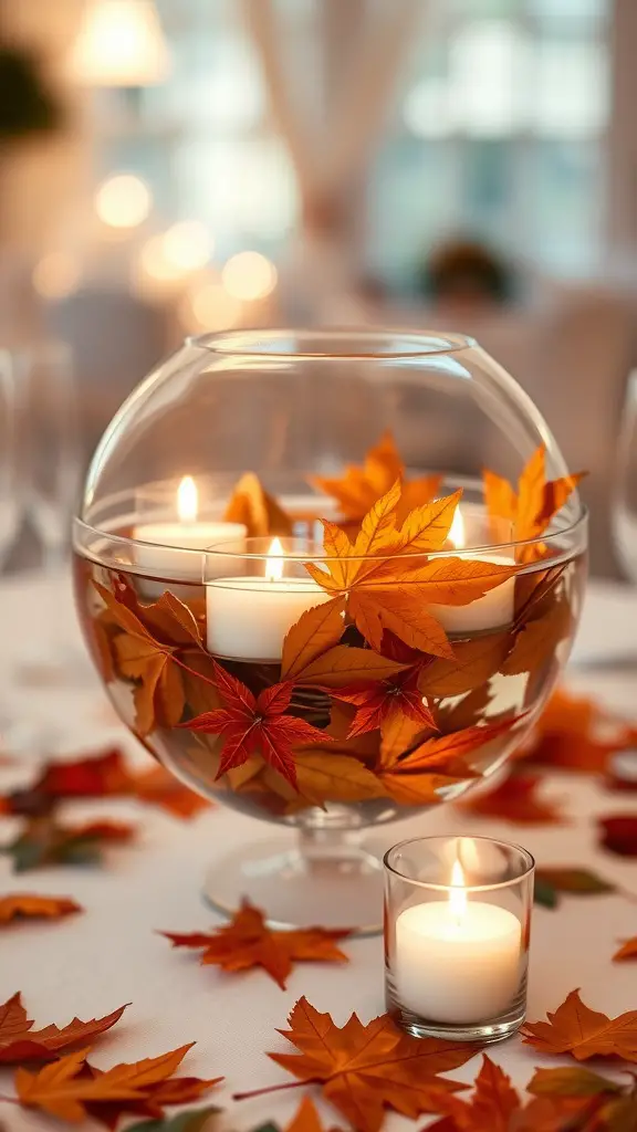 Floating candles in a glass bowl surrounded by autumn leaves on a wedding table