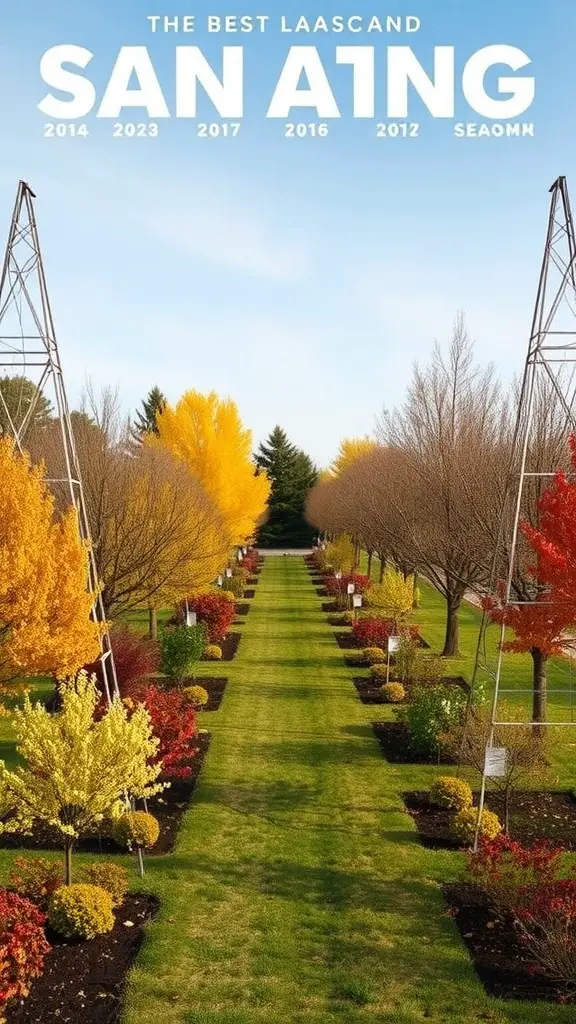 A beautiful row of trees in fall colors lined along a grassy path.