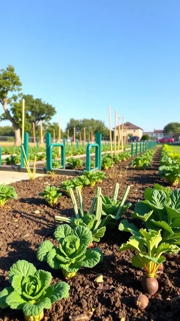A vibrant fall garden with rows of fresh vegetables including cabbage and leeks under a clear blue sky.