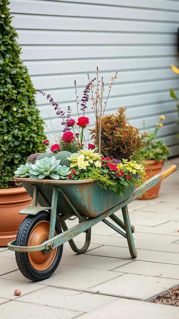19 Creative Wheelbarrow Planter Ideas for Your Garden 16 A rustic blue wheelbarrow filled with colorful flowers and greenery, set against a light background.