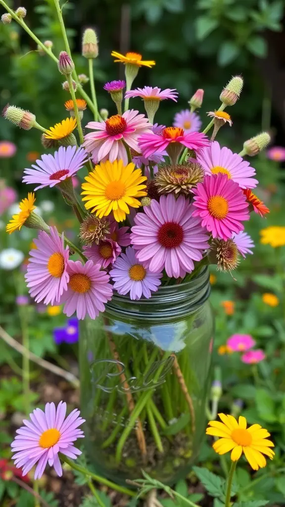 21 Stunning Flower Bouquet Ideas for Every Occasion 10 A colorful bouquet of wildflowers in a mason jar, featuring pink and yellow daisies, surrounded by other blossoms in a lush garden.
