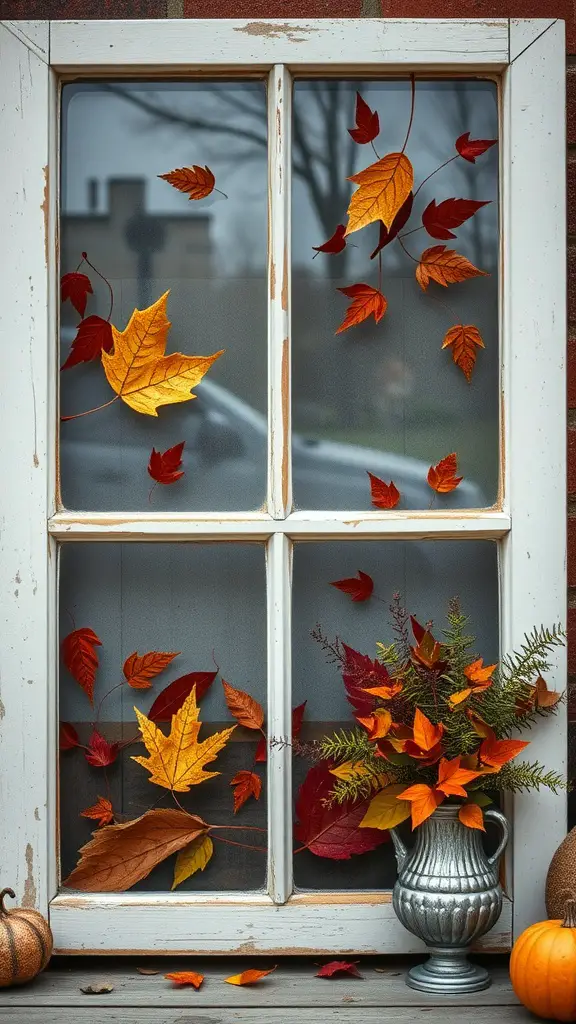 Seasonal window display featuring autumn leaves and a decorative vase in a garden setting.