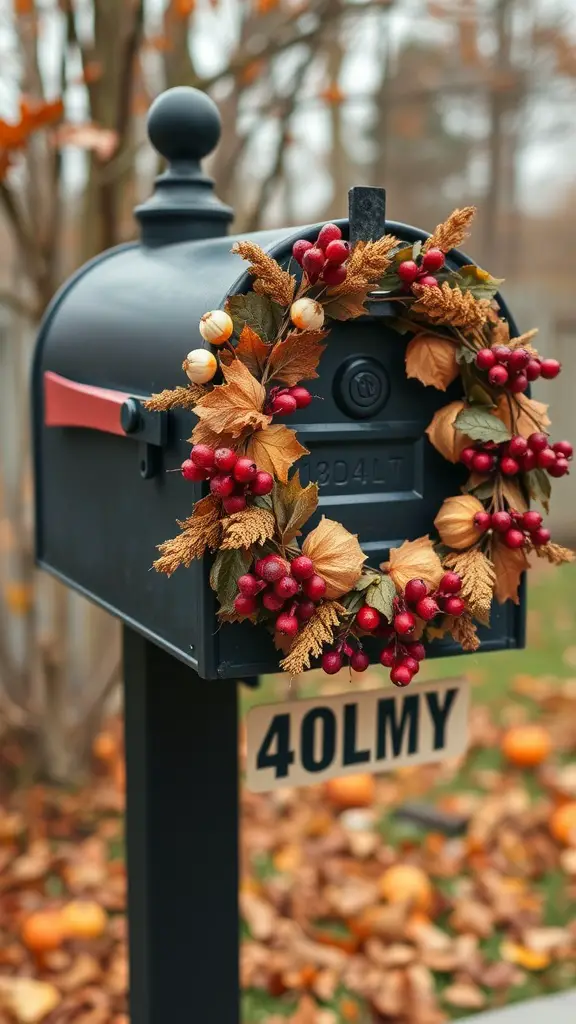 A black mailbox decorated with a fall wreath made of leaves, berries, and mini pumpkins.