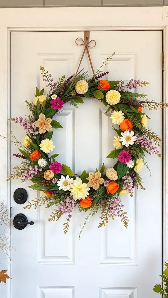 A colorful seasonal wreath with flowers and greenery hanging on a white door.