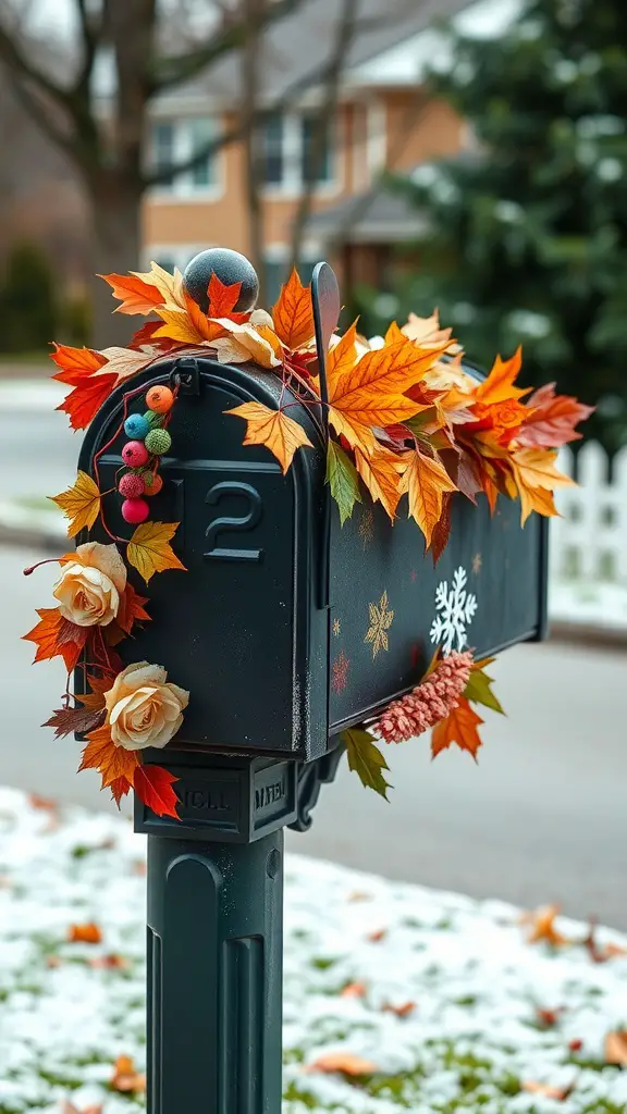 A mailbox decorated with autumn leaves and flowers