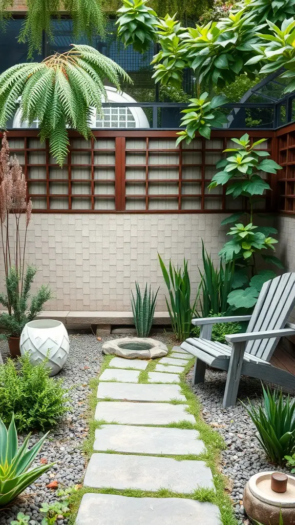 13 Cozy Garden Reading Nook Ideas for Book Lovers 12 A peaceful garden nook with stone path, plants, and a wooden chair.