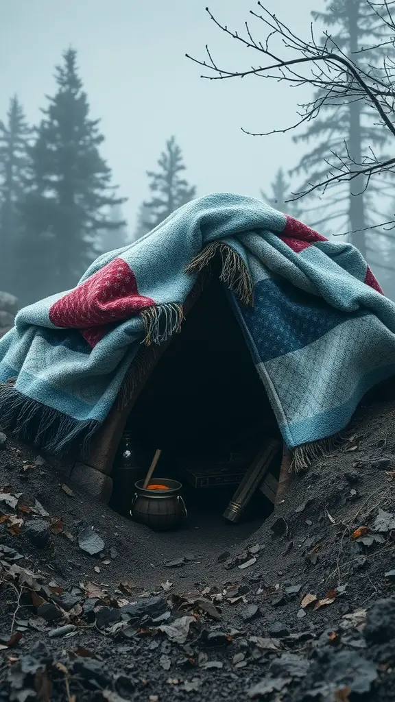 23 Creative Blanket Fort Ideas for Ultimate Cozy Fun 5 A cozy fort made from blankets, surrounded by trees and a foggy atmosphere.