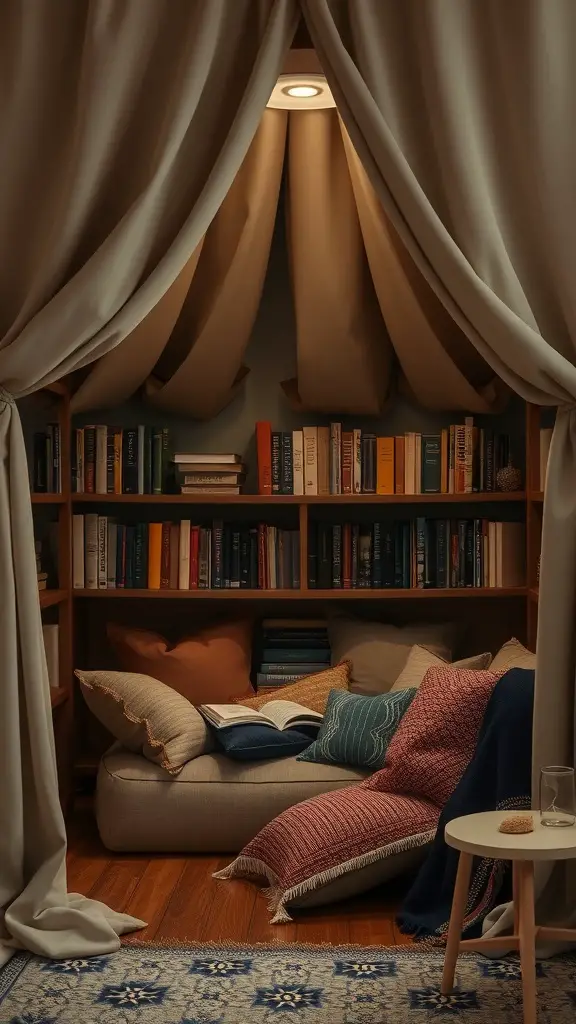 13 Creative Fort Ideas for Endless Indoor Fun 9 A cozy reading nook fort with soft pillows, bookshelves, and warm lighting, inviting someone to read.