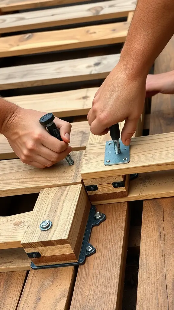 15 Creative DIY Ideas for a Stunning Pallet Deck 2 Two hands fastening wooden pallets with screws and brackets