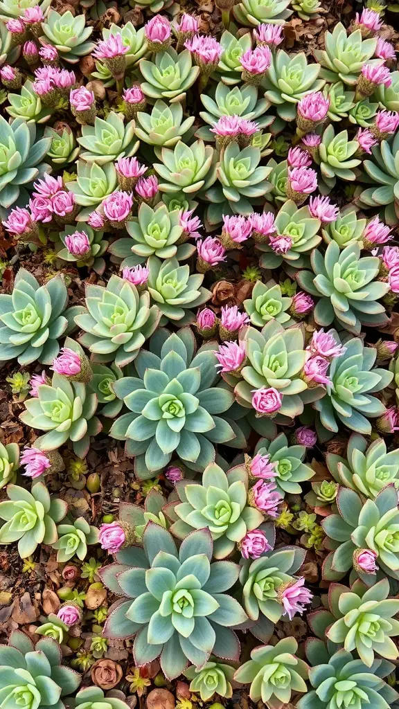 17 Long-Blooming Perennials for a Vibrant Garden Year-Round 4 A vibrant display of sedum plants with green rosettes and pink flowers.