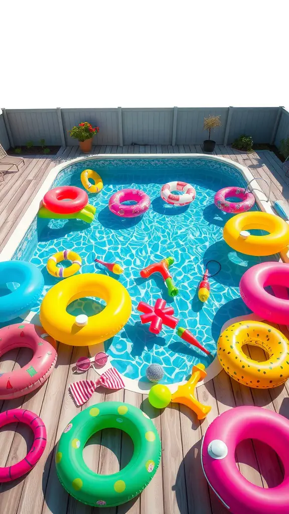 21 Stunning Above Ground Pool Deck Designs for Your Backyard 11 Colorful pool accessories including floaties and toys in an above ground pool