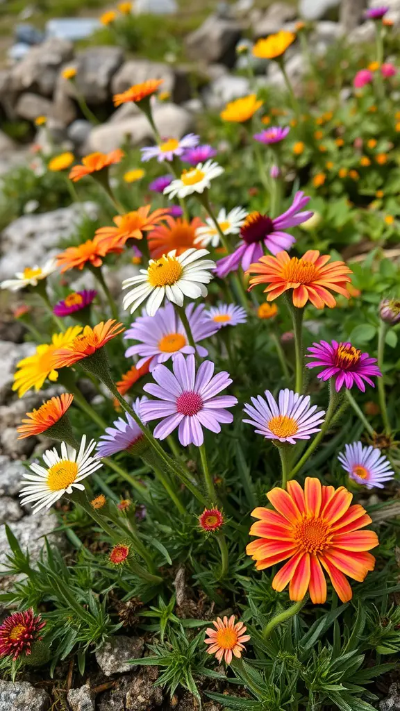 23 Stunning Alpine Garden Ideas for a Breathtaking Landscape 10 Colorful alpine flowers in various shades, including orange, white, purple, and pink, thriving in a rocky garden setting.