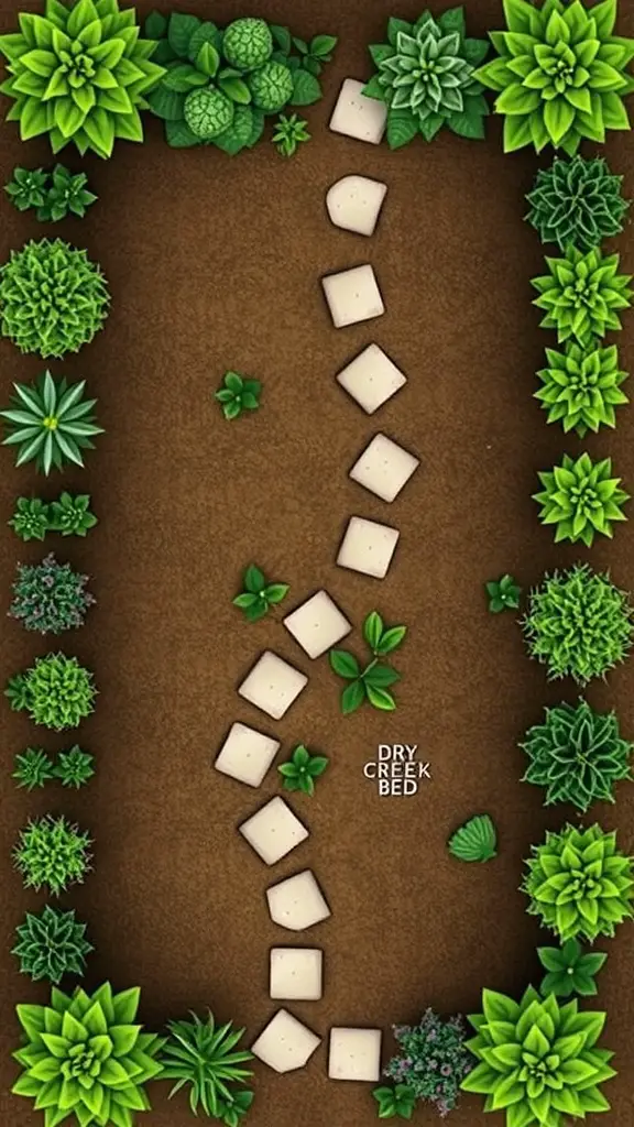 Illustration of a dry creek bed design with surrounding greenery.