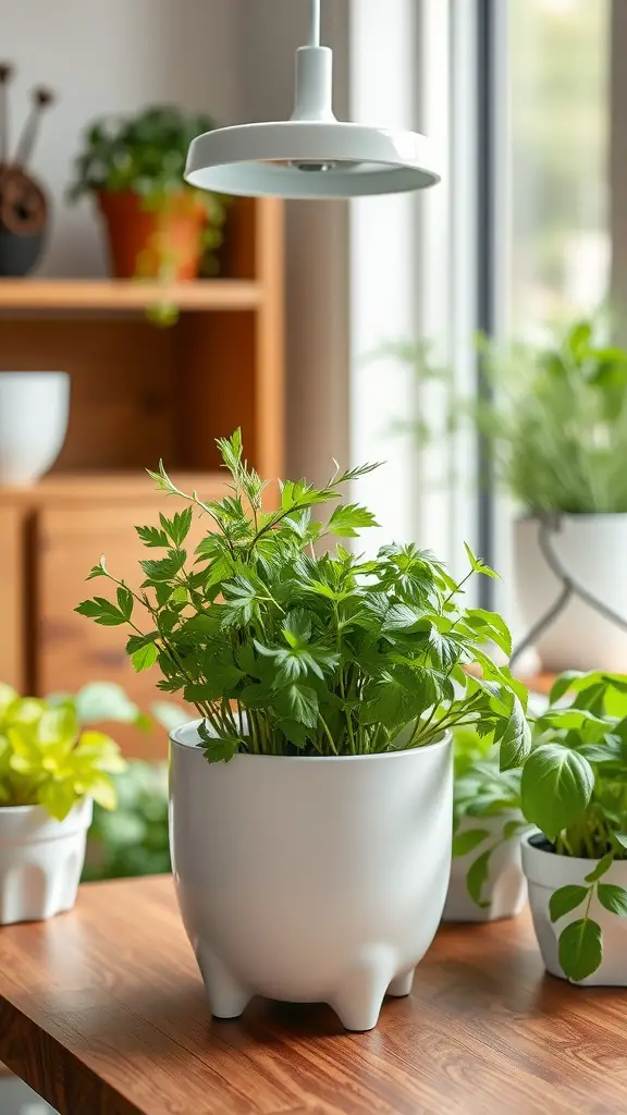 23 Creative Indoor Herb Garden Ideas to Freshen Up Your Space 7 A white self-watering herb pot filled with green herbs, placed on a wooden table with a bright indoor setting.