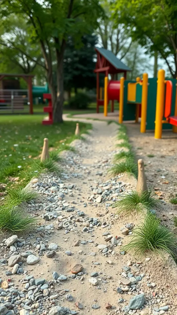 23 Creative Playground Landscaping Ideas for Endless Fun 9 A winding sensory path in a playground with various textures like stones and grass.
