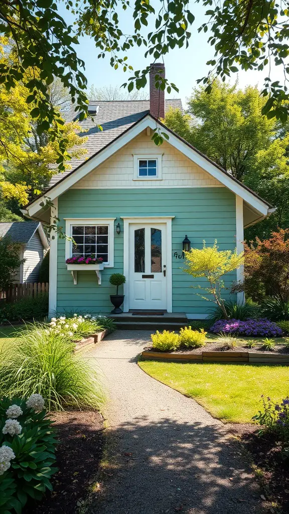 19 Beautiful Exterior House Colors to Transform Your Home 12 Light green house with a garden and path